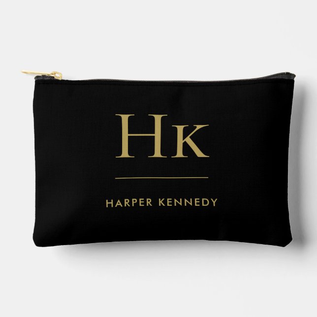 Monogram Simple Black Gold Chic Elegant Accessory Pouch (Front)