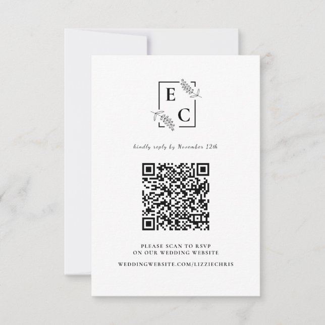 Monogram Simple Black White Botanical QR Code RSVP Card (Front)