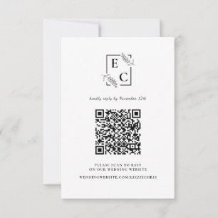 Monogram Simple Black White Botanical QR Code RSVP Card
