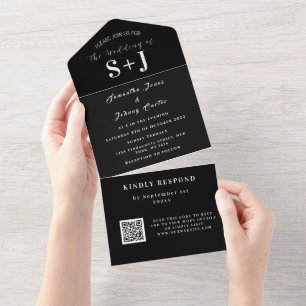 Monogram Simple Black White QR Code Wedding All In One Invitation