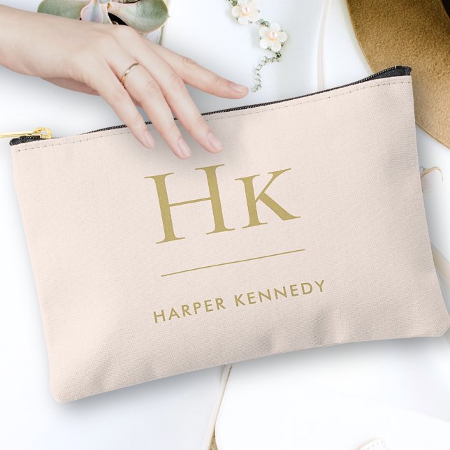 Monogram Simple Blush Pink Gold Chic Monogrammed Accessory Pouch (Creator Uploaded)