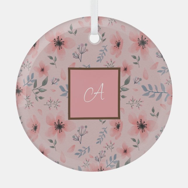 Monogram Simple Cute Pink Flower Bloom Boho  Glass Tree Decoration (Front)