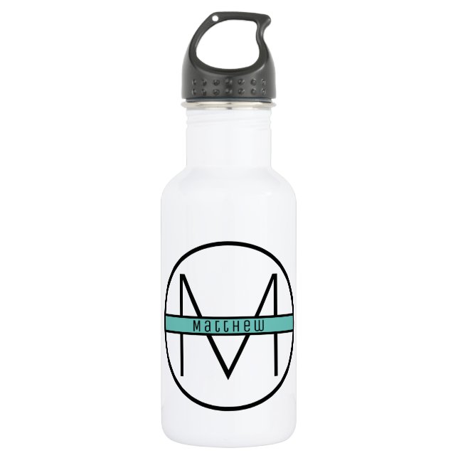 Monogram | Simple Elegant Black & Blue Custom Name 532 Ml Water Bottle (Front)