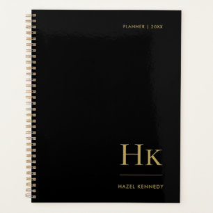 Monogram Simple Elegant Black Gold Personalised Planner