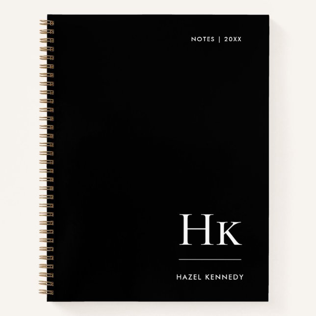 Monogram Simple Elegant Black Personalised Name Notebook (Front)