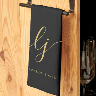 Monogram Simple Elegant Calligraphy Black Gold Tea Towel