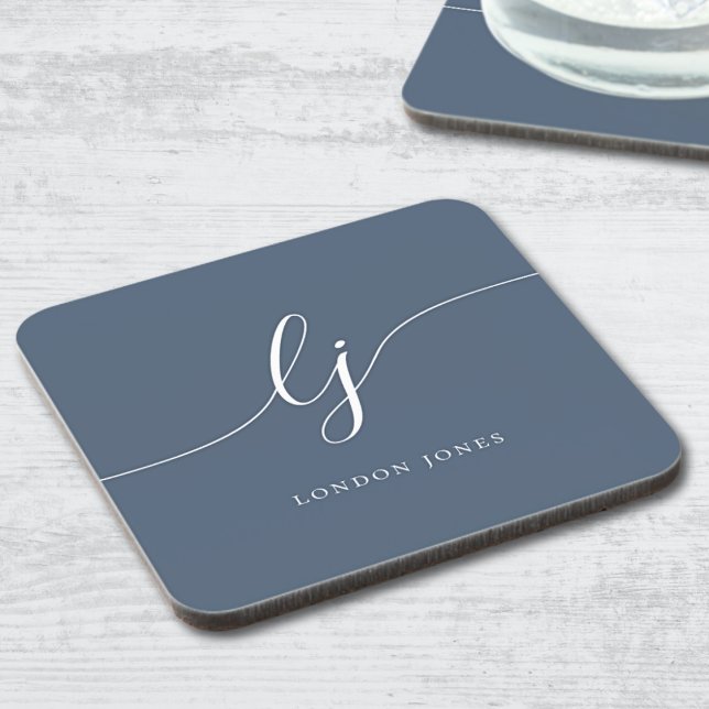 Monogram Simple Elegant Calligraphy Navy Blue Coaster (Creator Uploaded)