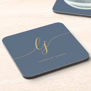 Monogram Simple Elegant Calligraphy Navy Blue Gold Coaster