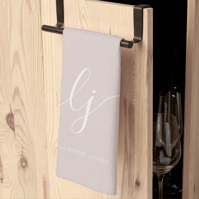 Monogram Simple Elegant Calligraphy Rose Pink Tea Towel (Creator Uploaded)