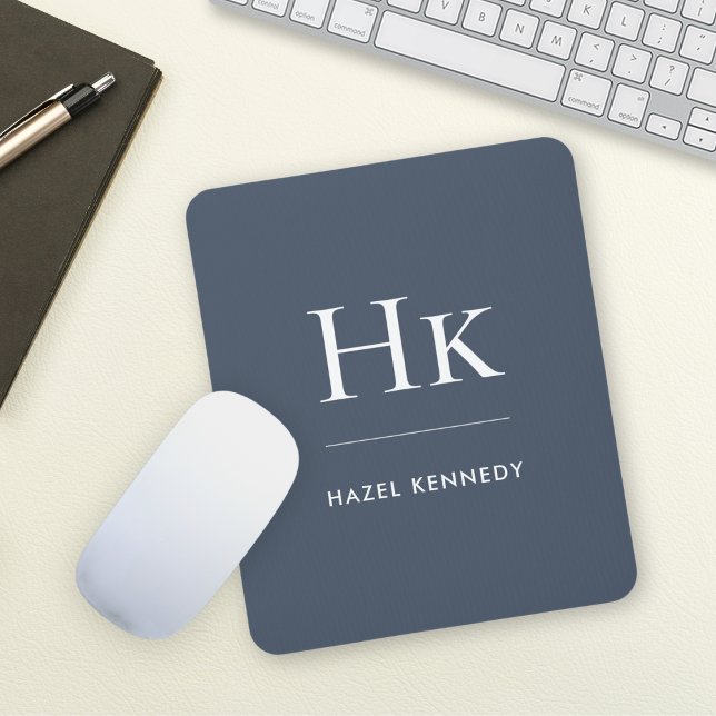 Monogram Simple Elegant Classic Navy Blue White Mouse Pad (Creator Uploaded)