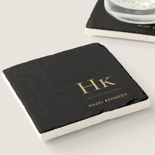 Monogram Simple Elegant Feminine Black Gold Stone Coaster
