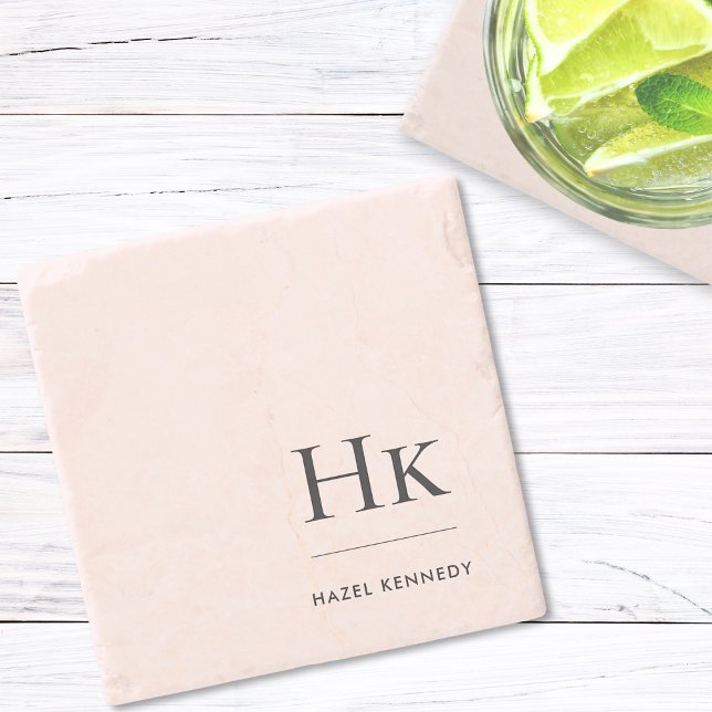Monogram Simple Elegant Feminine Blush Pink Stone Coaster (Creator Uploaded)