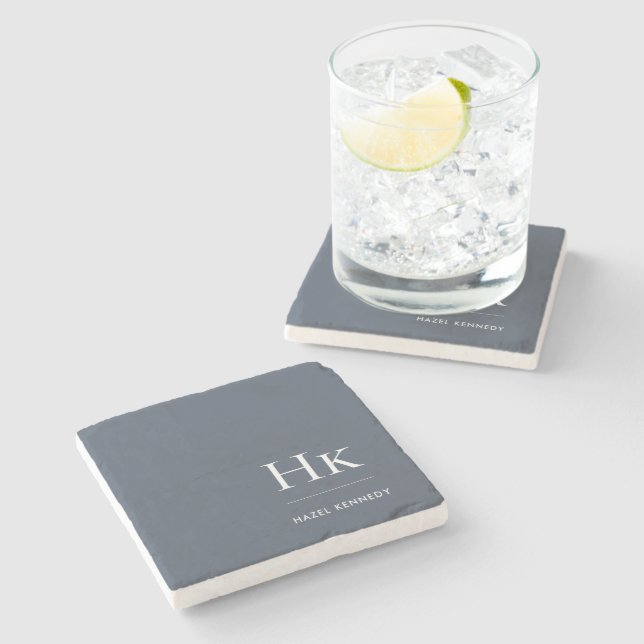 Monogram Simple Elegant Feminine Navy Blue White Stone Coaster (Side)