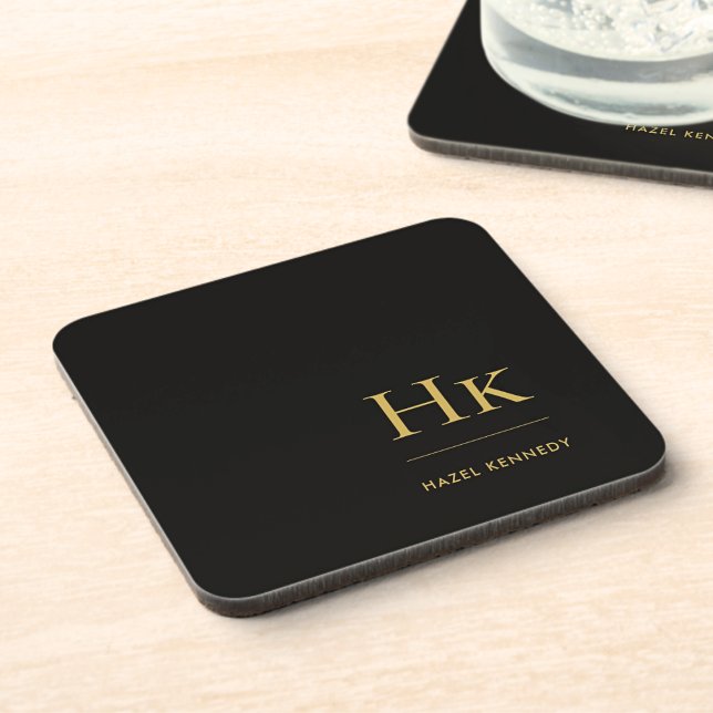Monogram Simple Elegant Minimalist Black Gold Coaster (Creator Uploaded)