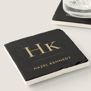 Monogram Simple Elegant Minimalist Black Gold Stone Coaster