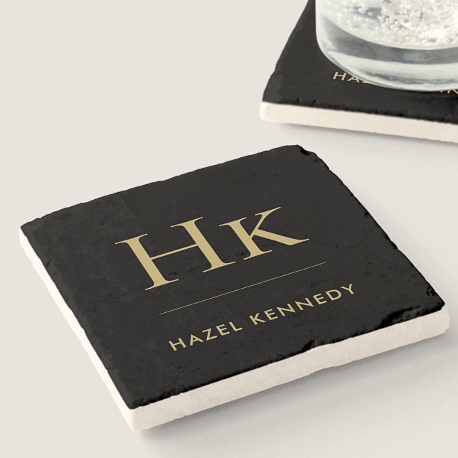 Monogram Simple Elegant Minimalist Black Gold Stone Coaster (Creator Uploaded)