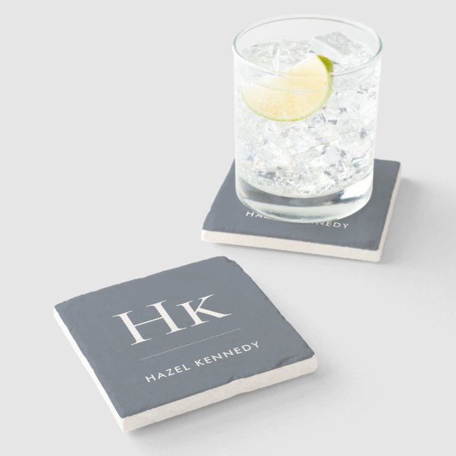Monogram Simple Elegant Minimalist Name Navy Blue Stone Coaster (Side)
