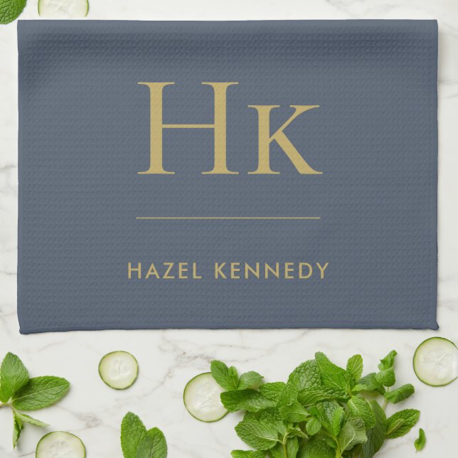 Monogram Simple Elegant Navy Blue Gold Monogrammed Tea Towel (Folded)