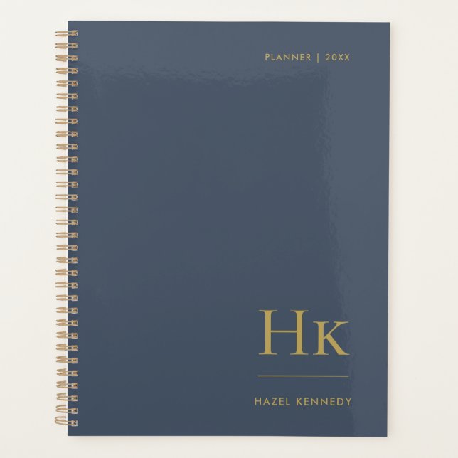Monogram Simple Elegant Navy Gold Personalised Planner (Front)