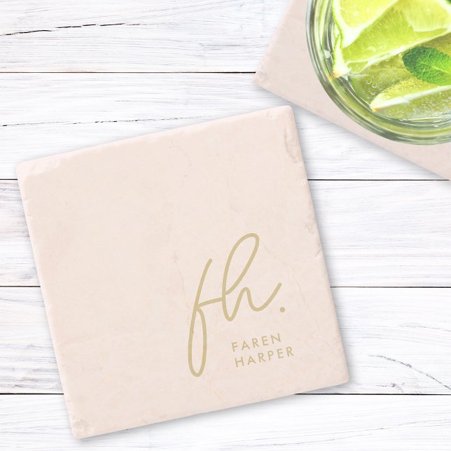 Monogram Simple Feminine Script Blush Pink Gold Stone Coaster (Creator Uploaded)