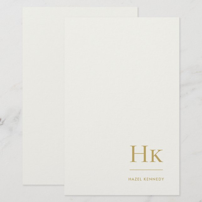 Monogram Simple Ivory Gold Monogrammed Custom Stationery (Front/Back)