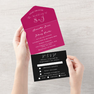 Monogram Simple Magenta Fuchsia Black Wedding All In One Invitation