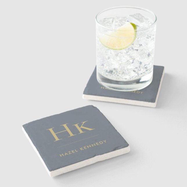 Monogram Simple Minimalist Name Navy Blue Gold Stone Coaster (Side)