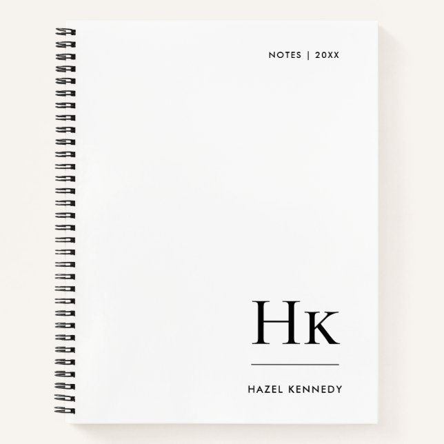 Monogram Simple Minimalist White Personalised Name Notebook (Front)
