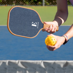 Monogram Simple Modern Medium Blue Denim Print Pickleball Paddle