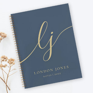 Monogram Simple Navy Blue Gold Personalised Name Notebook