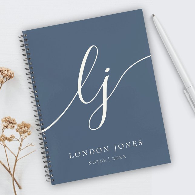 Monogram Simple Navy Blue Ivory Personalised Name Notebook (Creator Uploaded)