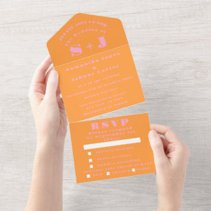 Monogram Simple Pink Orange Bold Wedding All In On One Invitation
