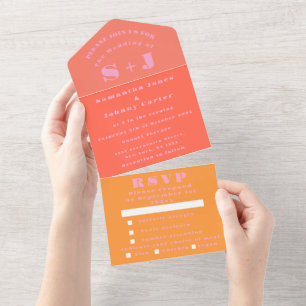Monogram Simple Pink Orange Bold Wedding All In One Invitation