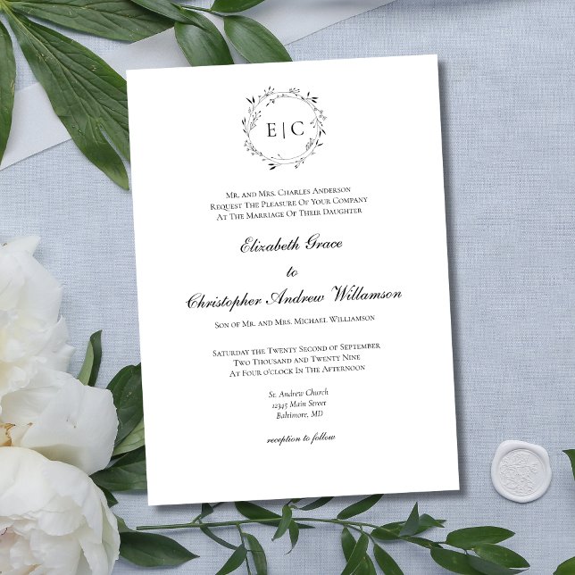 Monogram Simple Traditional Formal Elegant Wedding Invitation (Elegant Monogram Laurel Wreath Traditional Formal Classic Black White  Minimalist Wedding Invitation)