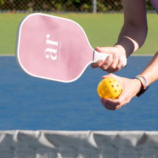 Monogram simple white initial name pink watercolor pickleball paddle (Insitu)