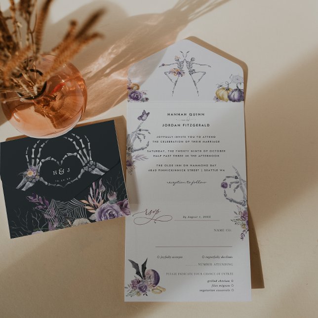 Monogram | Skeleton Floral Halloween Wedding All In One Invitation (Creator Uploaded)