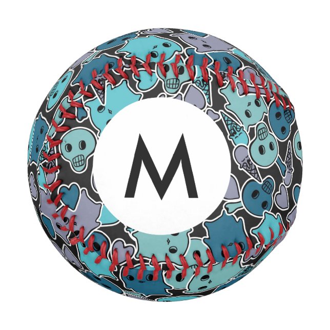 Monogram Skulls, and hearts on black background 2 Baseball (Front Left)
