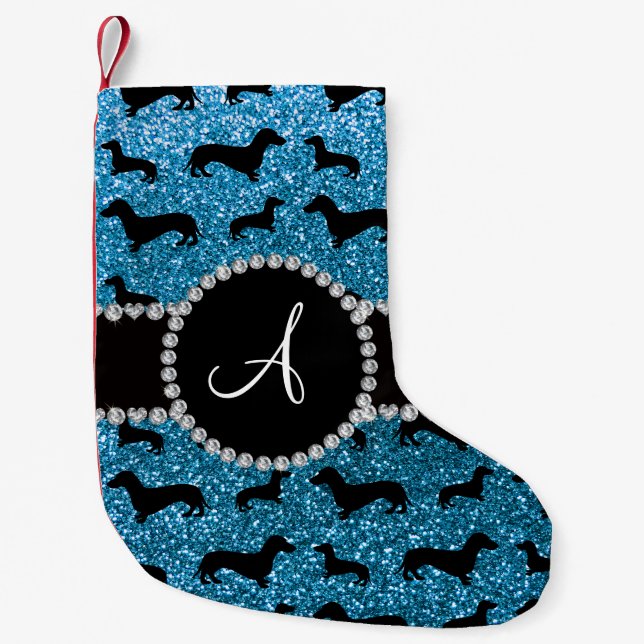 Monogram sky blue glitter dachshund small christmas stocking (Front)