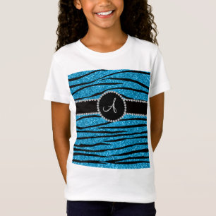 Monogram sky blue glitter zebra stripes circle T-Shirt