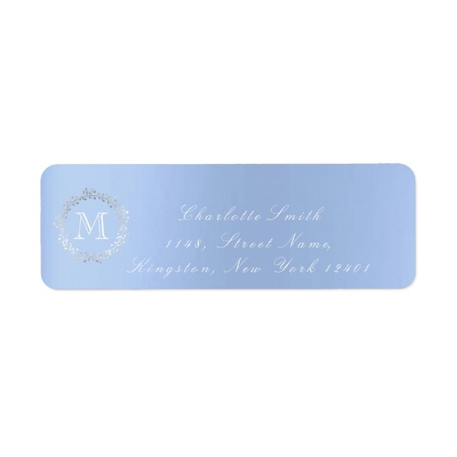Monogram Sky Blue Grey Silver Wreath Blush RSVP (Front)