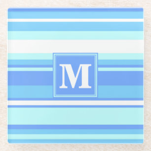 Monogram sky blue stripes glass coaster