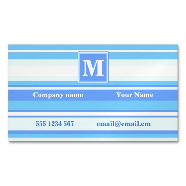 Monogram sky blue stripes magnetic business card (Front)