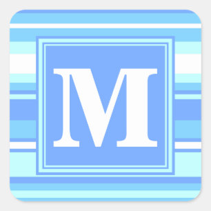 Monogram sky blue stripes square sticker
