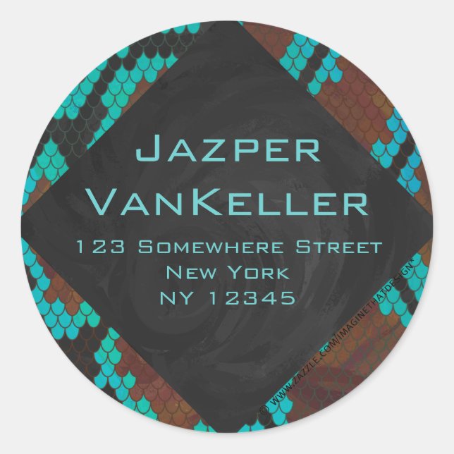 Monogram Snake Brown and Teal Print Classic Round Sticker (Front)