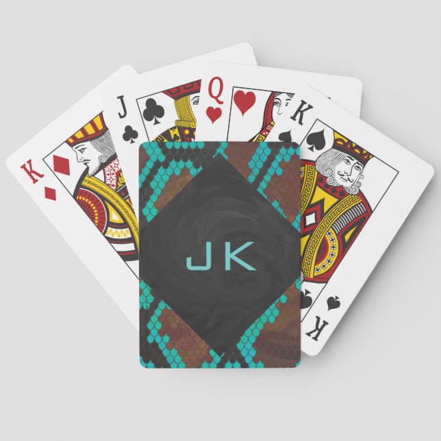 Monogram Snake Brown and Teal Print Playing Cards (Back)