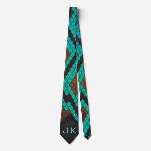 Monogram Snake Brown and Teal Print Tie