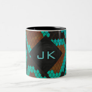 Monogram Snake Brown and Teal Print Two-Tone Coffee Mug