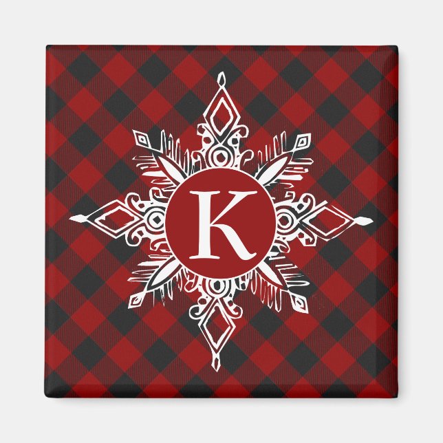 Monogram snowflake on plaid magnet (Front)