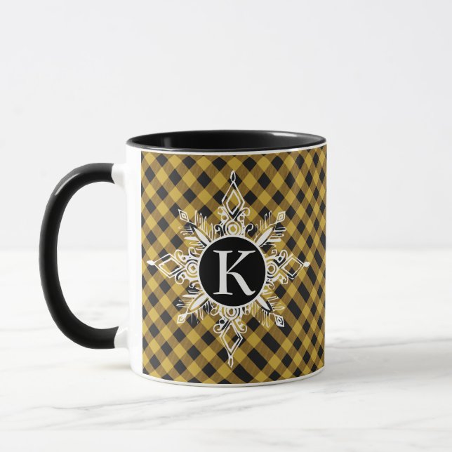 Monogram snowflake on plaid  mug (Left)