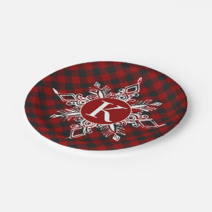 Monogram snowflake on plaid paper plate